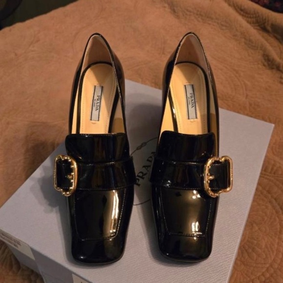 Authentic Prada Black patent leather square toe block heel loafers with box - Picture 1 of 5